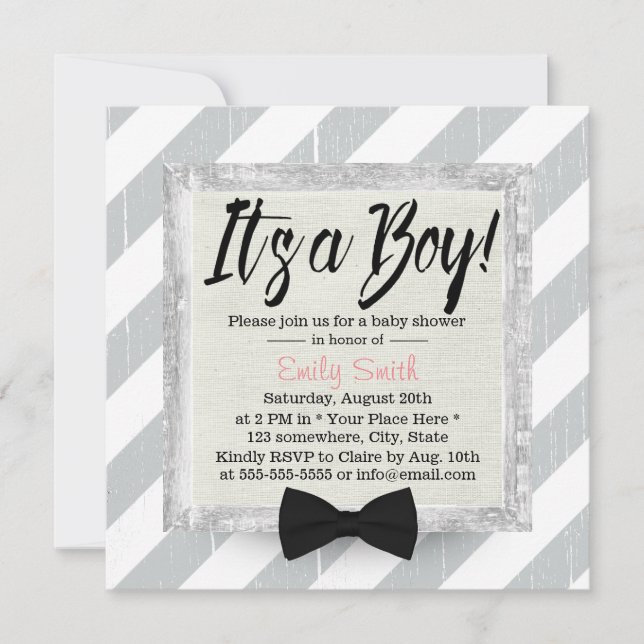 Invitation Cute Boy Bow Cravate gris clair rayures Baby showe (Devant)