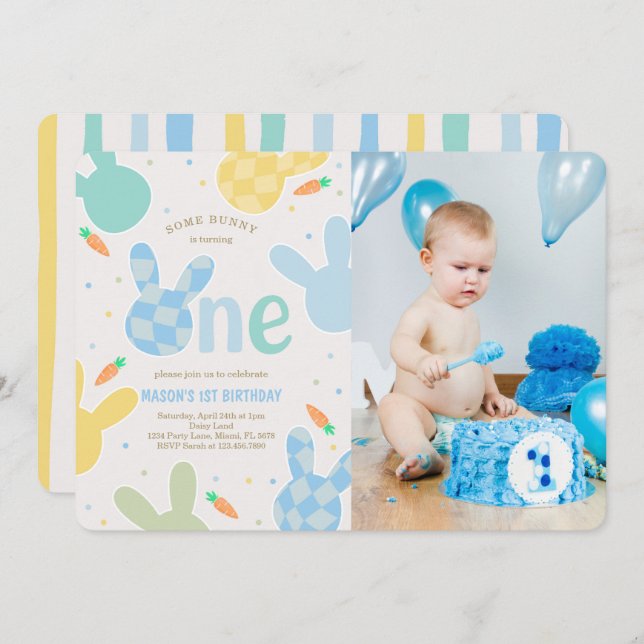 Invitation Cute Boy Bunny 1er Anniversaire Photo (Devant / Derrière)