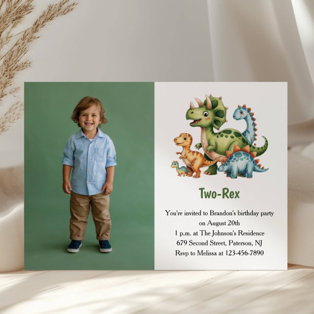 Invitation Cute Boy Dinosaur Photo Kids 2nd Birthday Party (Créateur téléchargé)