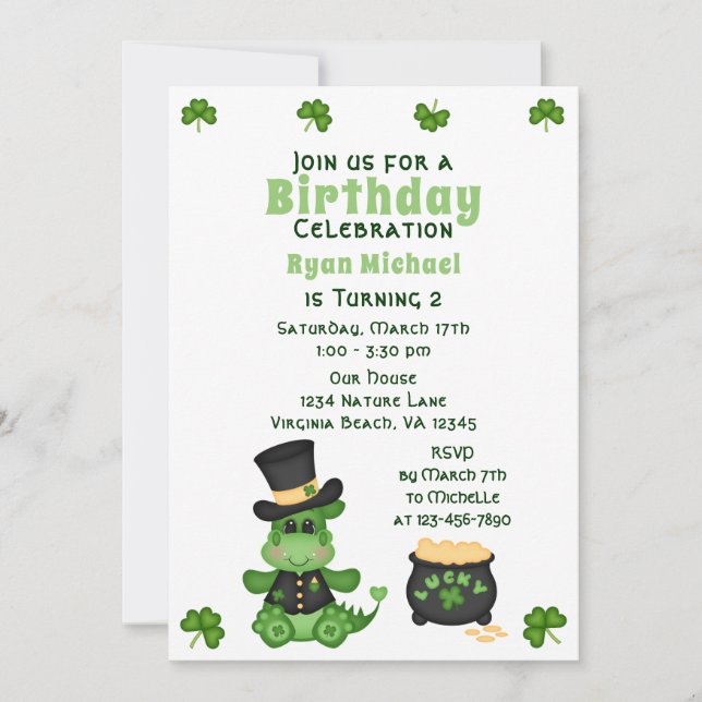 Invitation Cute Boy Dragon avec Pot Or Irlandais Anniversaire (Devant)