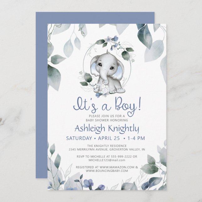 Invitation Cute Boy Elephant Aquarelle Baby shower vert (Devant / Derrière)