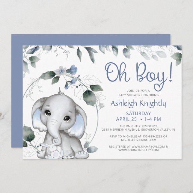 Invitation Cute Boy Elephant Aquarelle Baby shower vert (Devant / Derrière)