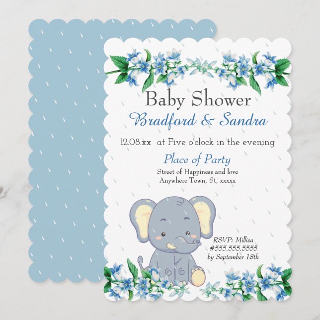 Invitation Cute Boy Elephant Blue Floral Baby shower (Devant / Derrière)