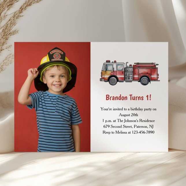 Invitation Cute Boy Firefighter Photo Kids 1st Birthday Party (Créateur téléchargé)