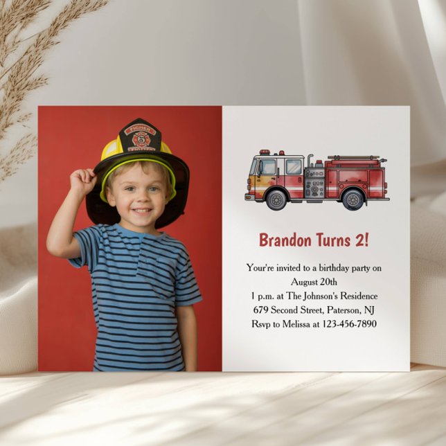 Invitation Cute Boy Firefighter Photo Kids 2nd Birthday Party (Créateur téléchargé)
