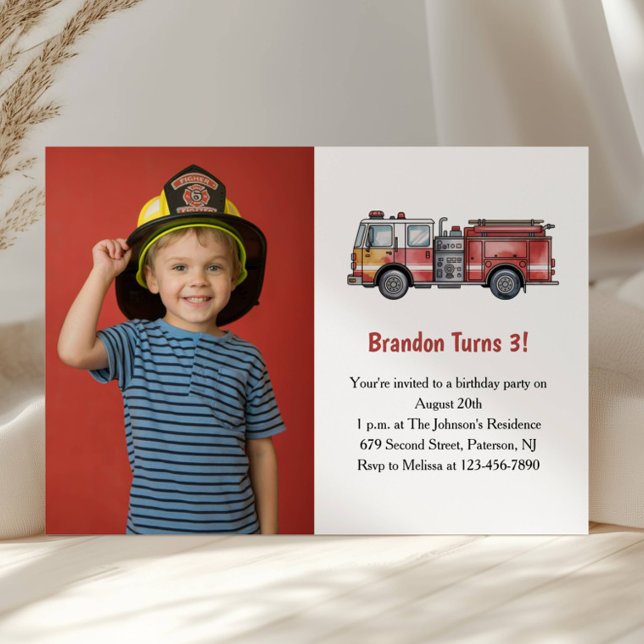 Invitation Cute Boy Firefighter Photo Kids 3rd Birthday Party (Créateur téléchargé)