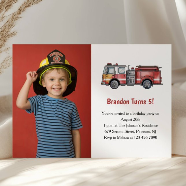 Invitation Cute Boy Firefighter Photo Kids 5th Birthday Party (Créateur téléchargé)