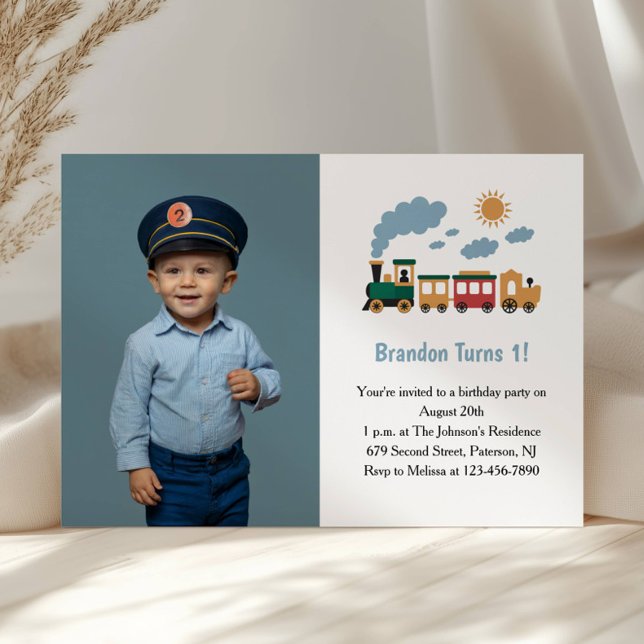 Invitation Cute Boy Train Photo Kids 1st Birthday Party (Créateur téléchargé)