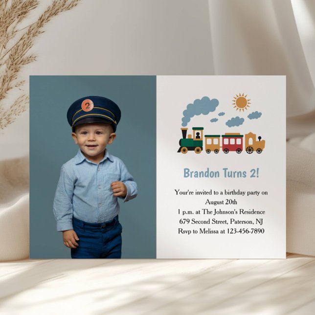 Invitation Cute Boy Train Photo Kids 2nd Birthday Party (Créateur téléchargé)