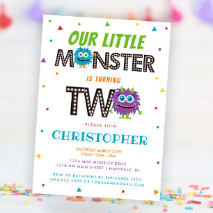 Invitation Cute Boys Blue Monster 2e fête d'anniversaire