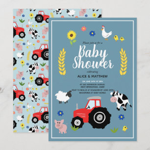 Invitation Cute Boys Country Farm Animal Tracteur Baby shower
