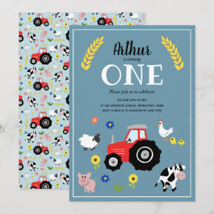 Invitation Cute Boys Farm Animaux & Red Tractor 1er anniversa