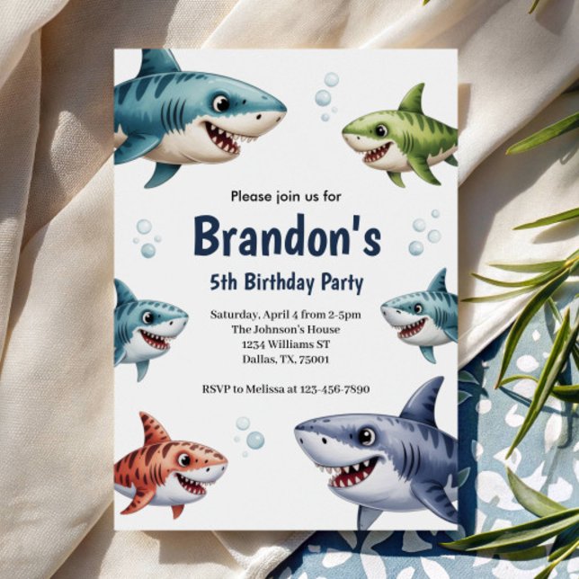 Invitation Cute Boys Watercolor Requin fête d'anniversaire (Créateur téléchargé)