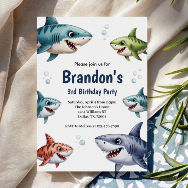 Invitation Cute Boys Watercolor Shark 3rd Birthday Party (Créateur téléchargé)