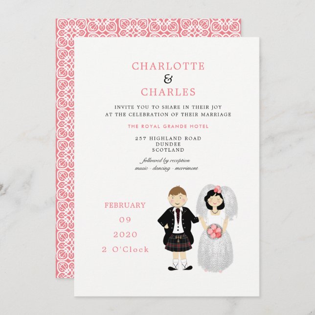 Invitation Cute Bride et Groom Mariage écossais thème (Devant / Derrière)