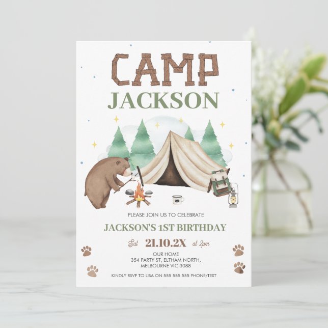 Invitation Cute Brown Bear Camp Thémé 1er anniversaire (Debout devant)