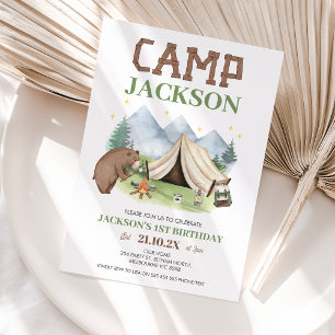 Invitation Cute Brown Bear Mountains Camp Thématique 1er anni