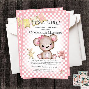 Invitation Cute Brown ours bébé fille Baby shower de pique-ni