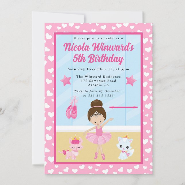 Invitation Cute Brunette Ballerina Anniversaire de enfant (Devant)