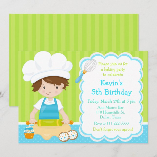Invitation Cute Brunette Boy Baking Anniversaire (Devant / Derrière)