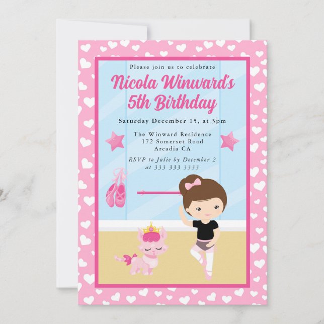 Invitation Cute Brunette Girl Ballerina Anniversaire de enfan (Devant)