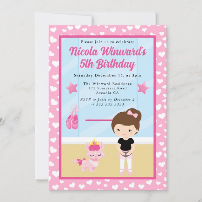 Invitation Cute Brunette Girl Ballerina Anniversaire de enfan (Devant)