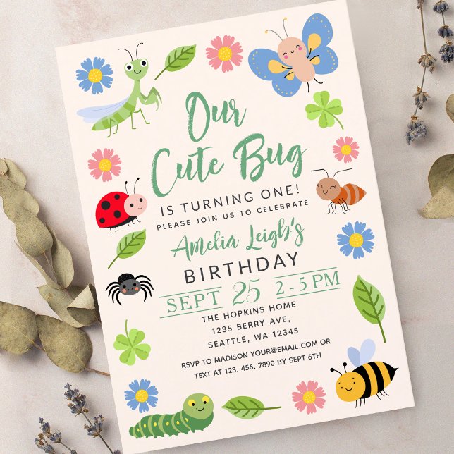 Invitation Cute Bug Ladybug Buttefly Kids 1st Birthday Party (Créateur téléchargé)