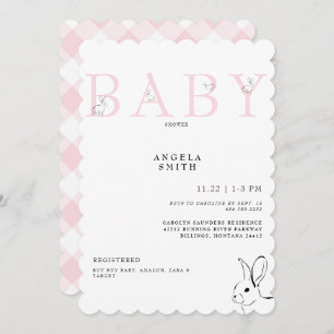 Invitation Cute Bunnies Rose En vichy bébé fille Douche