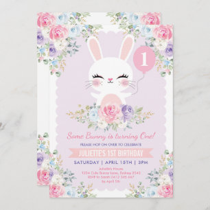 Invitation Cute Bunny 1er anniversaire Printemps Floral Rabbi