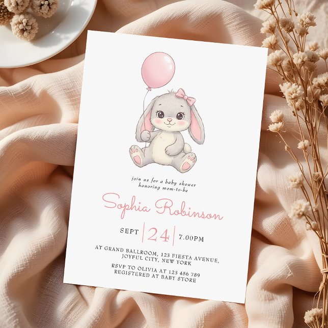 Invitation Cute Bunny Balloon Blush Pink Girls Baby Shower (Créateur téléchargé)