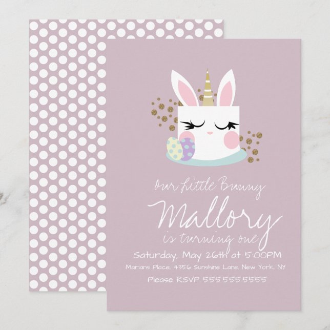Invitation Cute Bunny Cake Unicorn Pâques 1er anniversaire fê (Devant / Derrière)