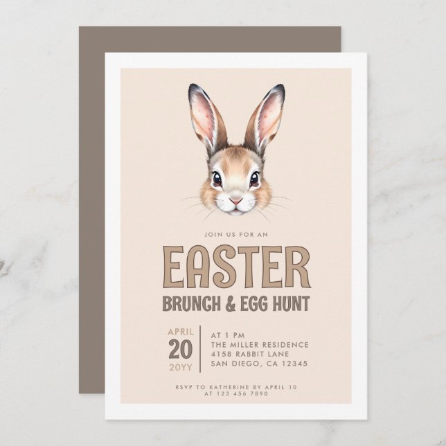 Invitation Cute Bunny Face Brunch de Pâques et chasse aux oeu (Devant / Derrière)