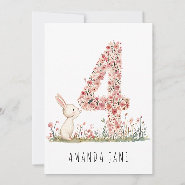 Invitation Cute Bunny Floral 4e anniversaire (Devant)