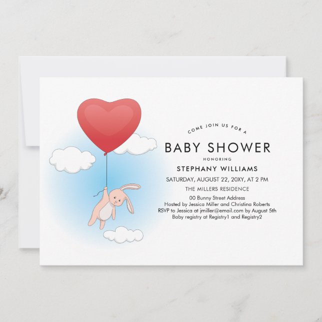Invitation Cute Bunny Flying Heart Balloon Baby shower Invita (Devant)