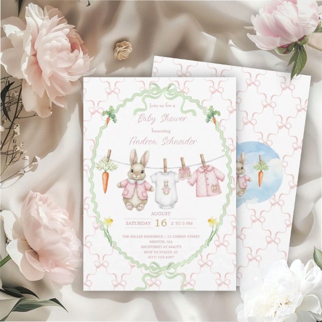Invitation Cute Bunny Girl Clothesline Baby Shower  (Créateur téléchargé)