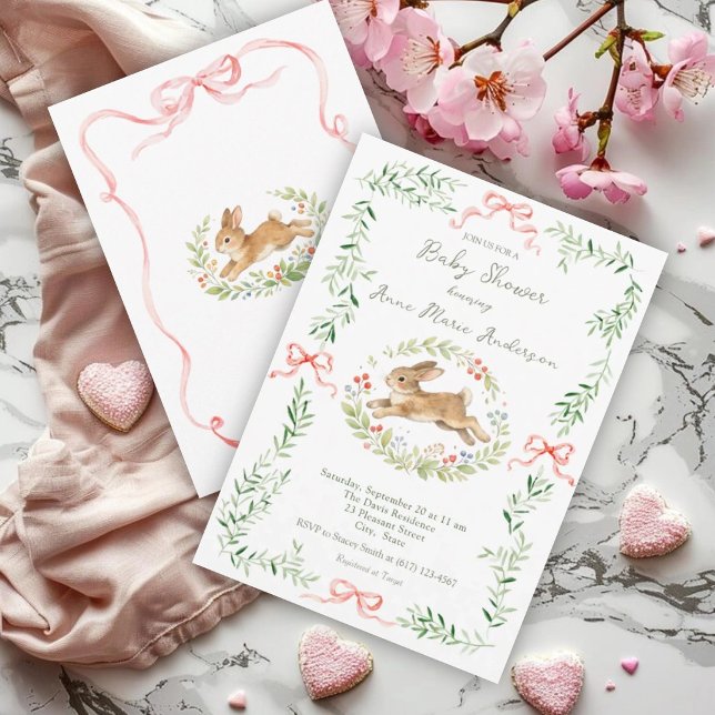 Invitation Cute Bunny Girl Floral Pink Bow Baby Shower  (Créateur téléchargé)