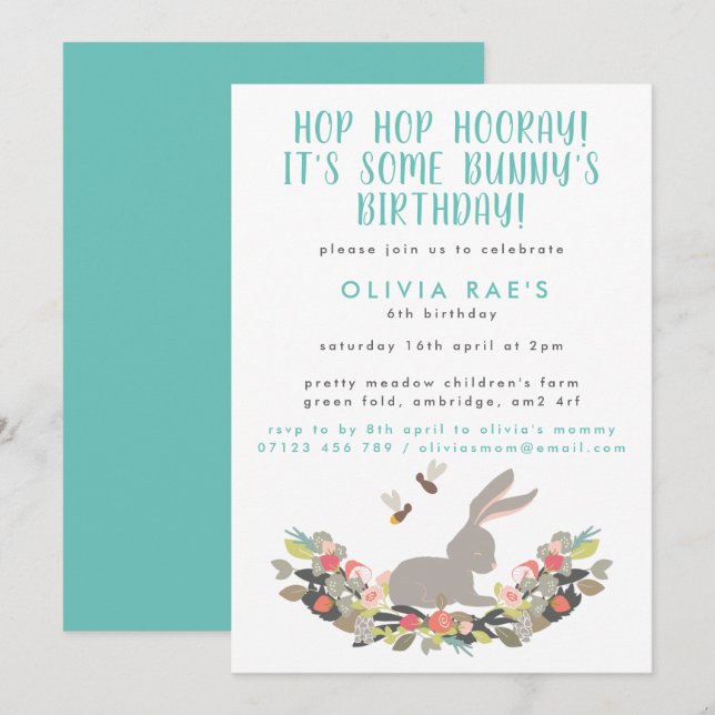 Invitation Cute Bunny Hop Hop Hooray Anniversaire de enfant (Devant / Derrière)