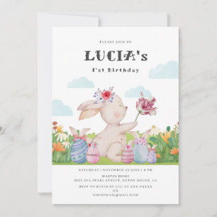 Invitation Cute Bunny Nuageux Bleu 1er anniversaire Invitatio