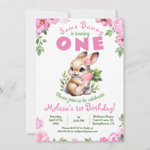 Invitation Cute Bunny rose 1er Anniversaire Girl Floral Invit