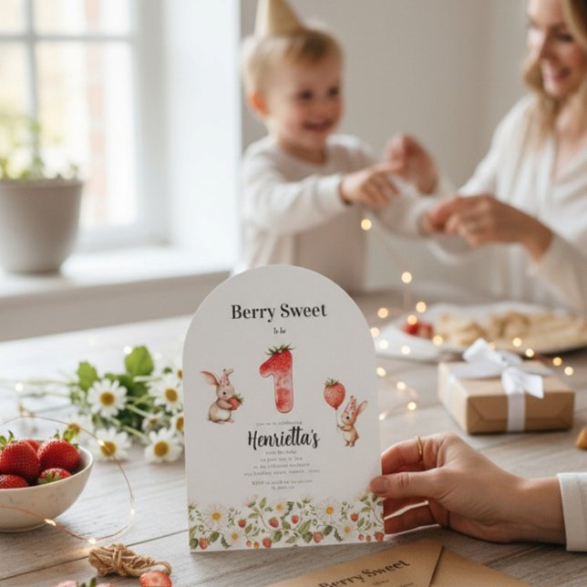 Invitation Cute Bunny Strawberry Theme First Birthday  (Créateur téléchargé)