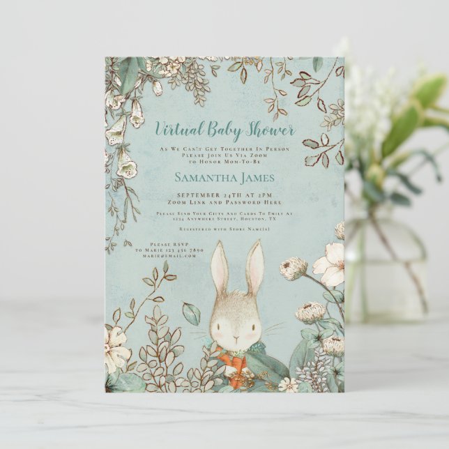 Invitation Cute Bunny Vintage Botanique Baby shower virtuel (Debout devant)