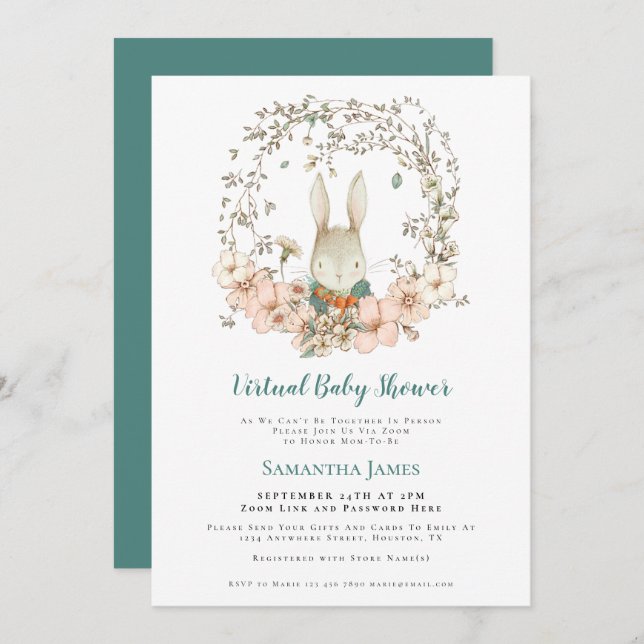 Invitation Cute Bunny Vintage Turquoise Baby shower virtuel (Devant / Derrière)