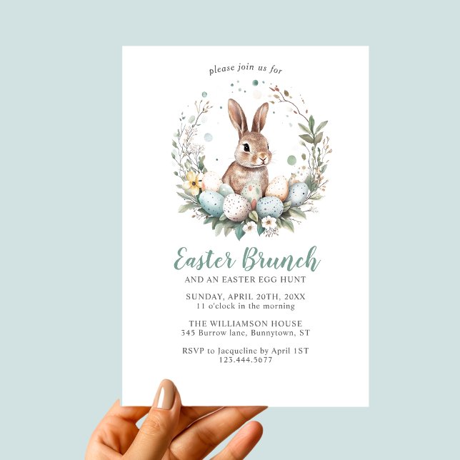 Invitation Cute Bunny Wreath Pâques Brunch Chasse aux oeufs (See the collection for matching items)