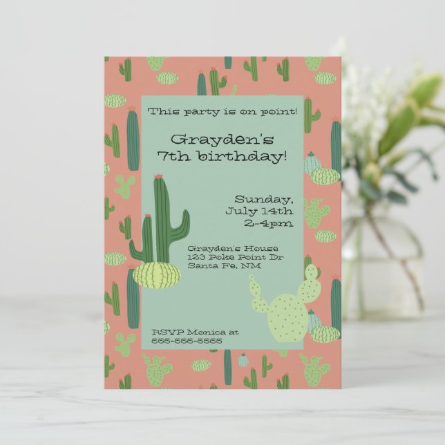 Invitation Cute Cactus Peach & Green Anniversaire (Debout devant)