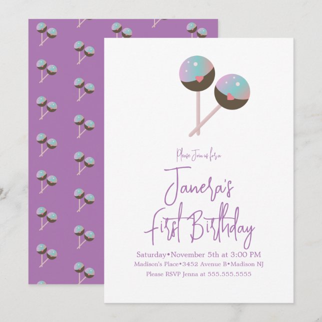 Invitation Cute Cake Pop Candy Bar Premier anniversaire Invit (Devant / Derrière)