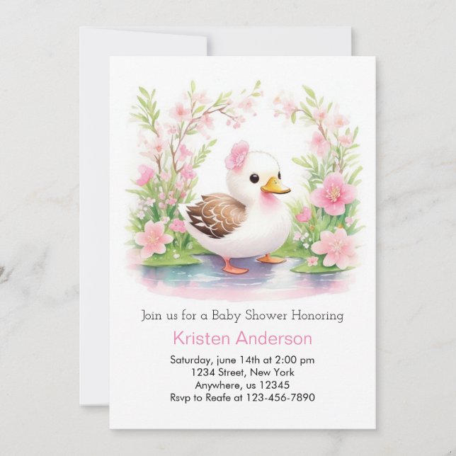 Invitation Cute Canard rose Floral Aquarelle fille Baby showe (Devant)