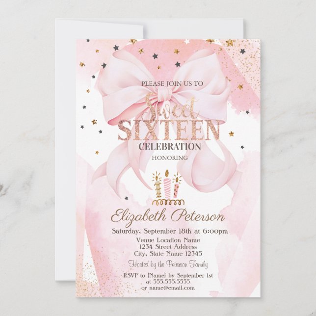 Invitation Cute Candles Stars Pink Bow Sweet 16  (Devant)