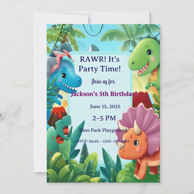 Invitation Cute Cartoon Dinosaur "RAWR! It's Party Time!" Boy (Devant)