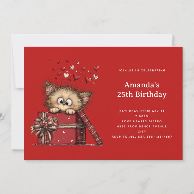 Invitation Cute Cartoon Kitten in a Box with Hearts Birthday (Devant)