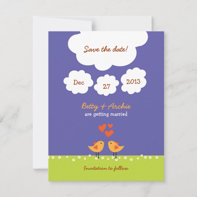 Invitation Cute Cartoon Love Birds (Night) Wedding (Devant)